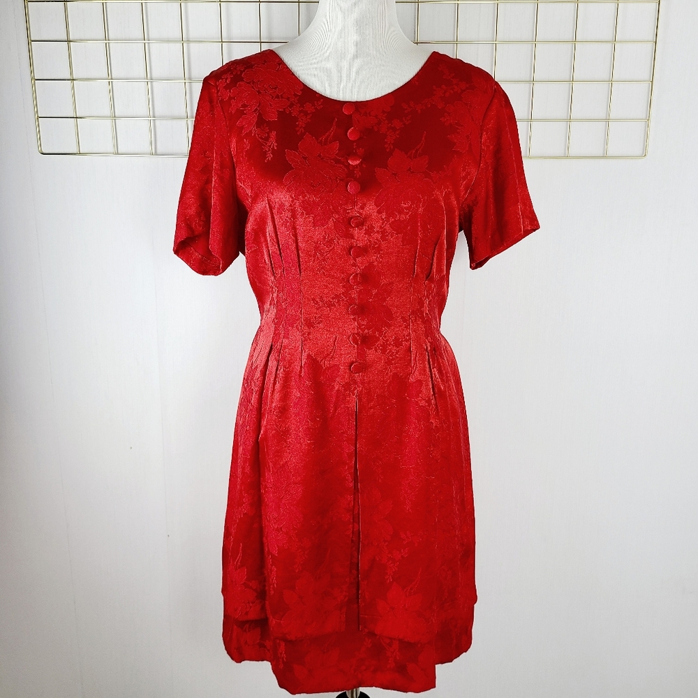 Jamie Brooke Red Jacquard Vintage 90s Y2K Asian-Inspired Dress